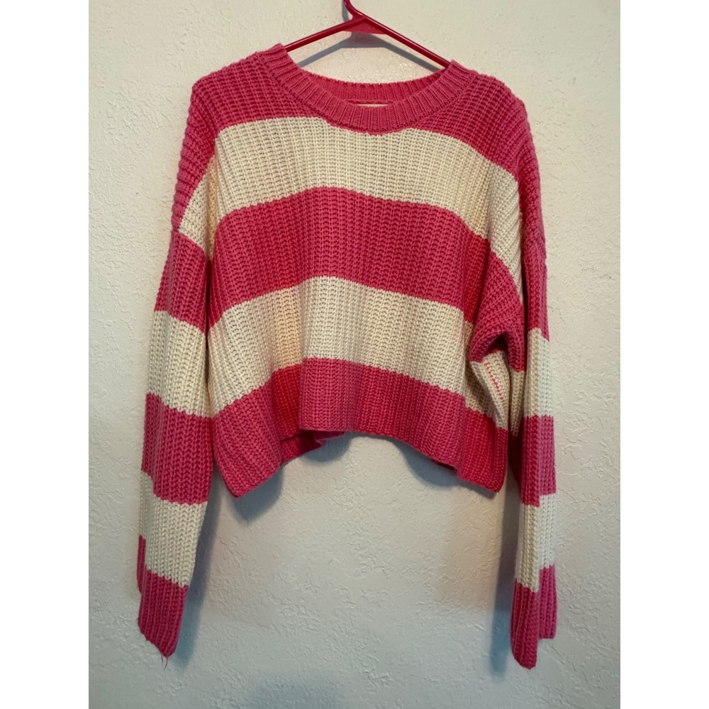 Jessica Simpson Pink White Striped Cropped Knit Sweater ST20915 Medium